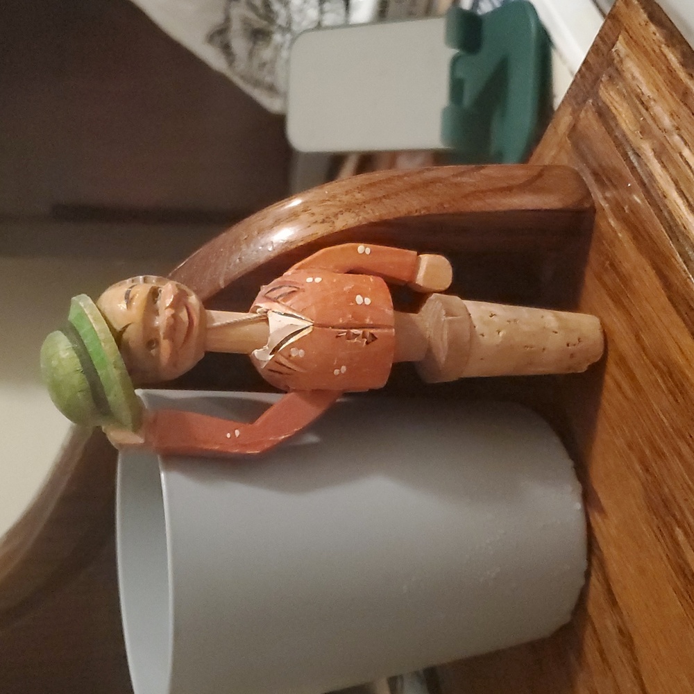 Whimsical Wooden Bottle Stopper with Green Hat